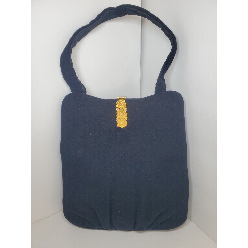 Vtg 1950s/60s Harry Rosenfeld Felt Bag Gold Floral Clasp Single Handle Formal